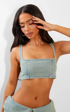 Online PrettyLittleThing Petite Denim Square Neck Extreme Crop Top Vintage Wash
