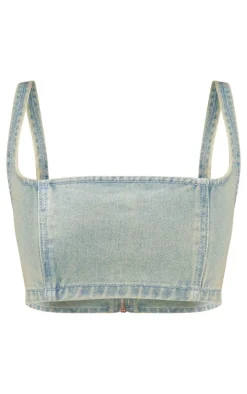 Online PrettyLittleThing Petite Denim Square Neck Extreme Crop Top Vintage Wash