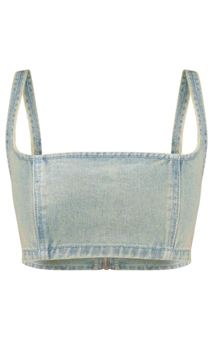 Online PrettyLittleThing Petite Denim Square Neck Extreme Crop Top Vintage Wash