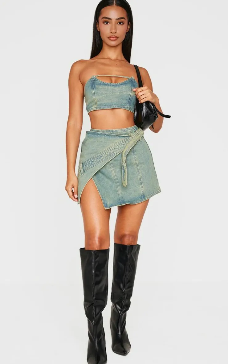 Clearance PrettyLittleThing Petite Denim Wrap Over Mini Skirt Vintage Wash