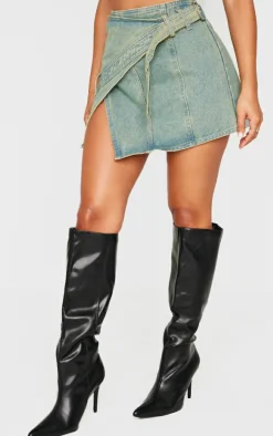 Clearance PrettyLittleThing Petite Denim Wrap Over Mini Skirt Vintage Wash