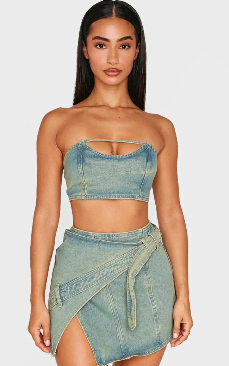 Clearance PrettyLittleThing Petite Denim Wrap Over Mini Skirt Vintage Wash