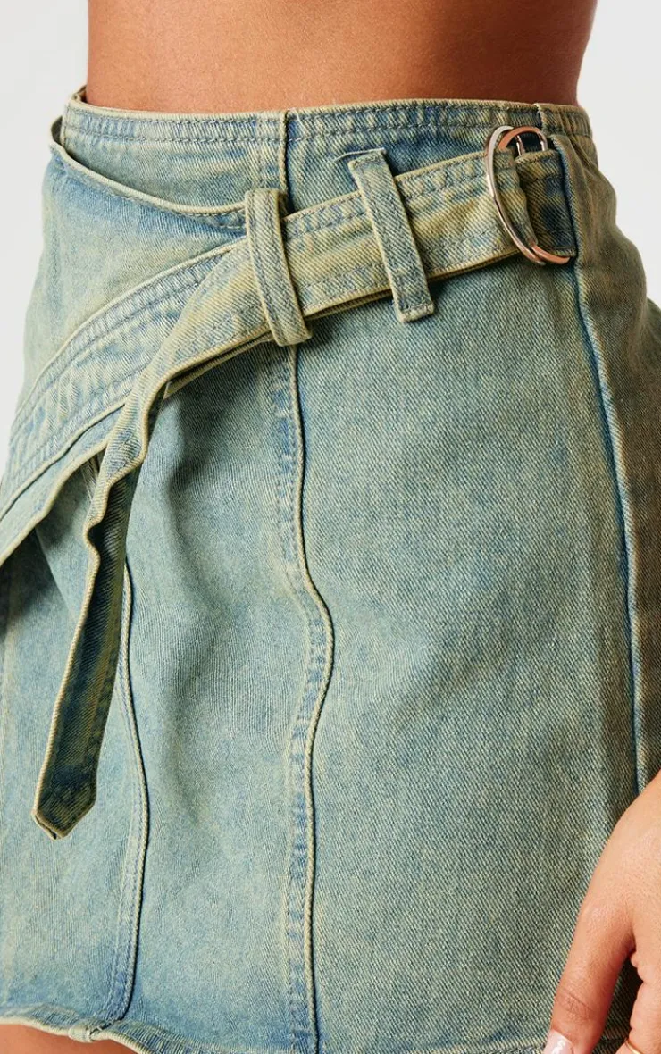 Clearance PrettyLittleThing Petite Denim Wrap Over Mini Skirt Vintage Wash
