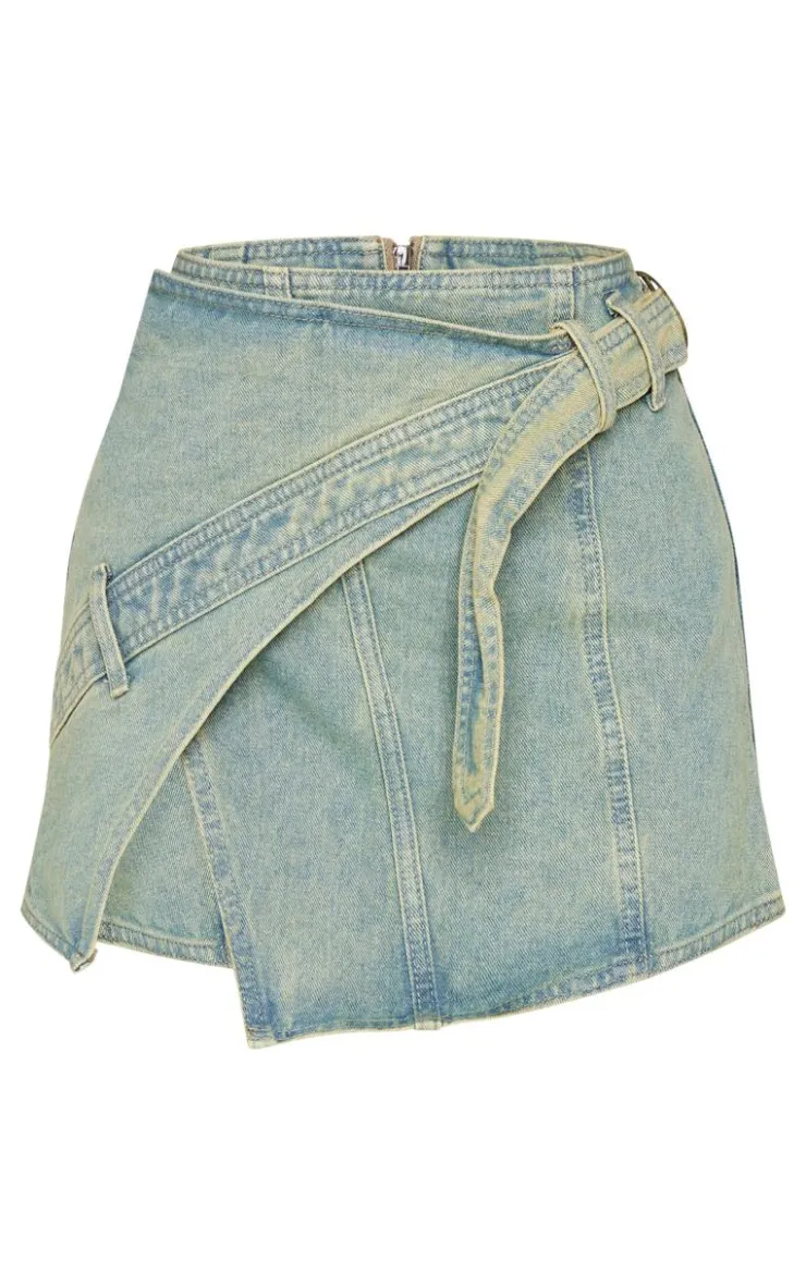 Clearance PrettyLittleThing Petite Denim Wrap Over Mini Skirt Vintage Wash