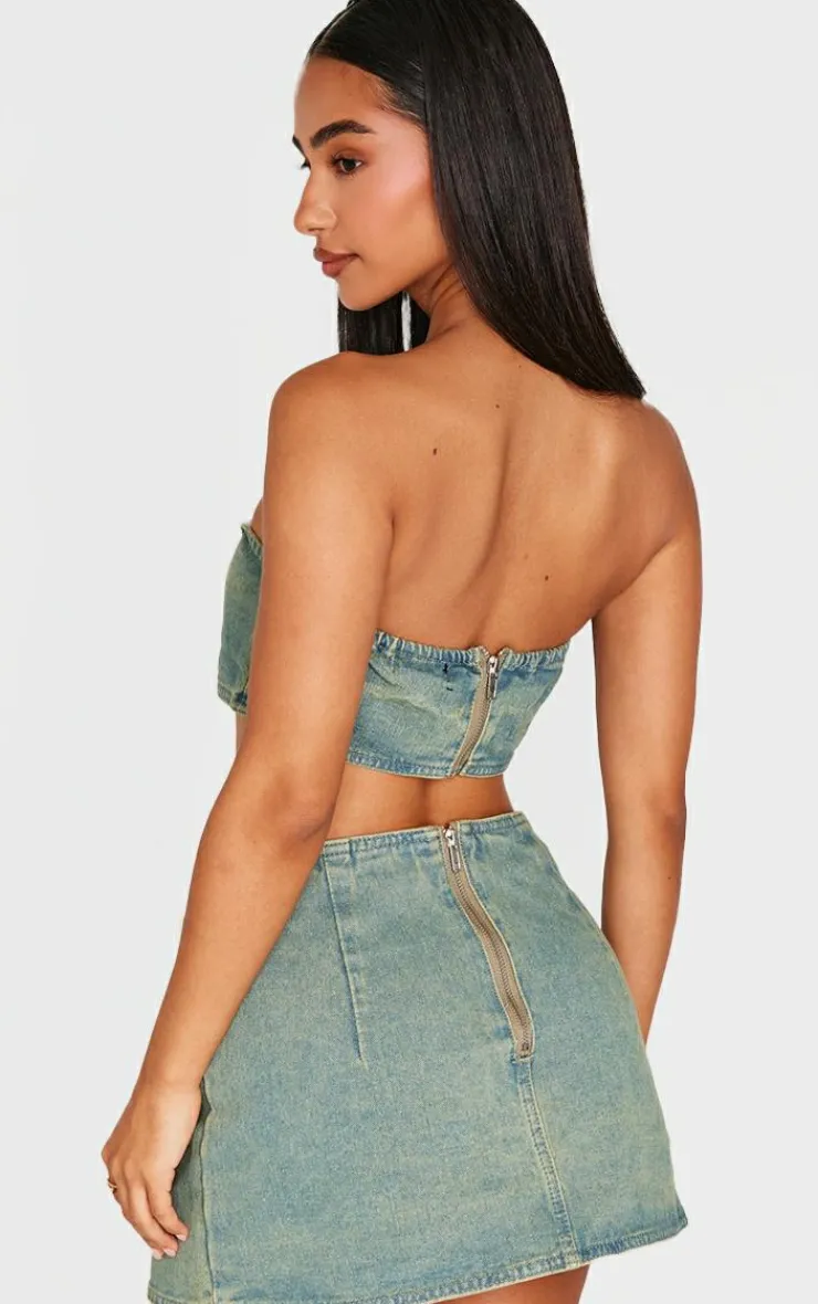 Online PrettyLittleThing Petite Denim Bandeau Crop Top Vintage Wash