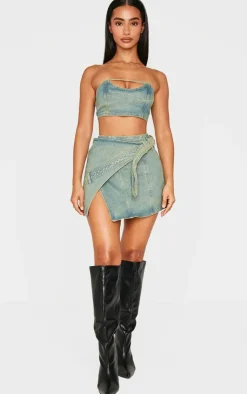 Online PrettyLittleThing Petite Denim Bandeau Crop Top Vintage Wash