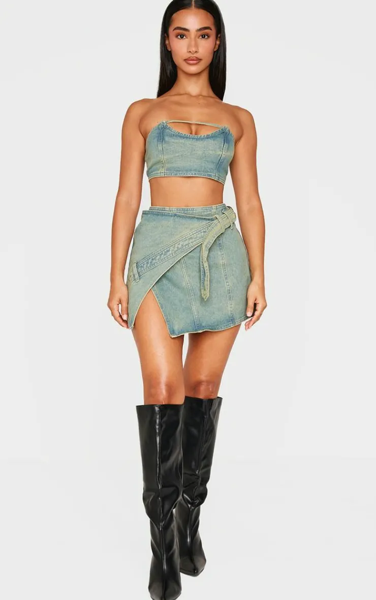Online PrettyLittleThing Petite Denim Bandeau Crop Top Vintage Wash
