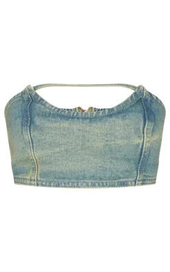 Online PrettyLittleThing Petite Denim Bandeau Crop Top Vintage Wash