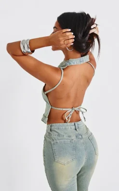 Clearance PrettyLittleThing Petite Denim Backless Top Vintage Wash
