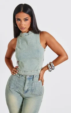 Clearance PrettyLittleThing Petite Denim Backless Top Vintage Wash