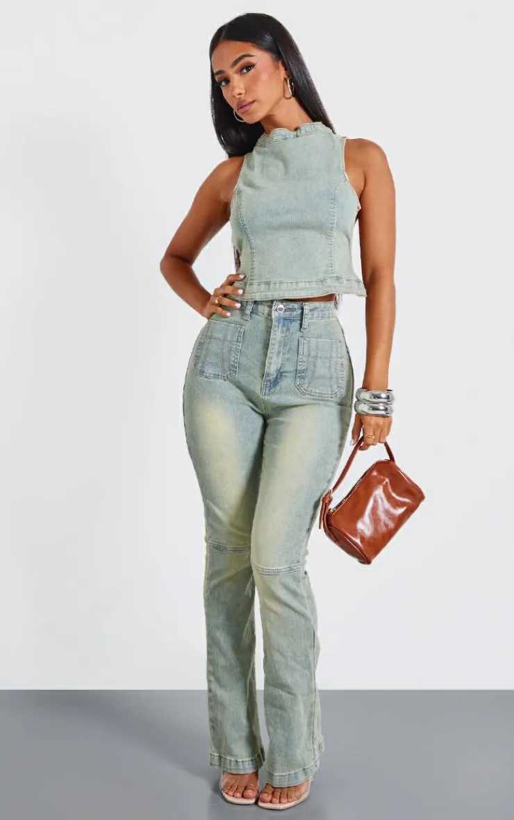 Clearance PrettyLittleThing Petite Denim Backless Top Vintage Wash