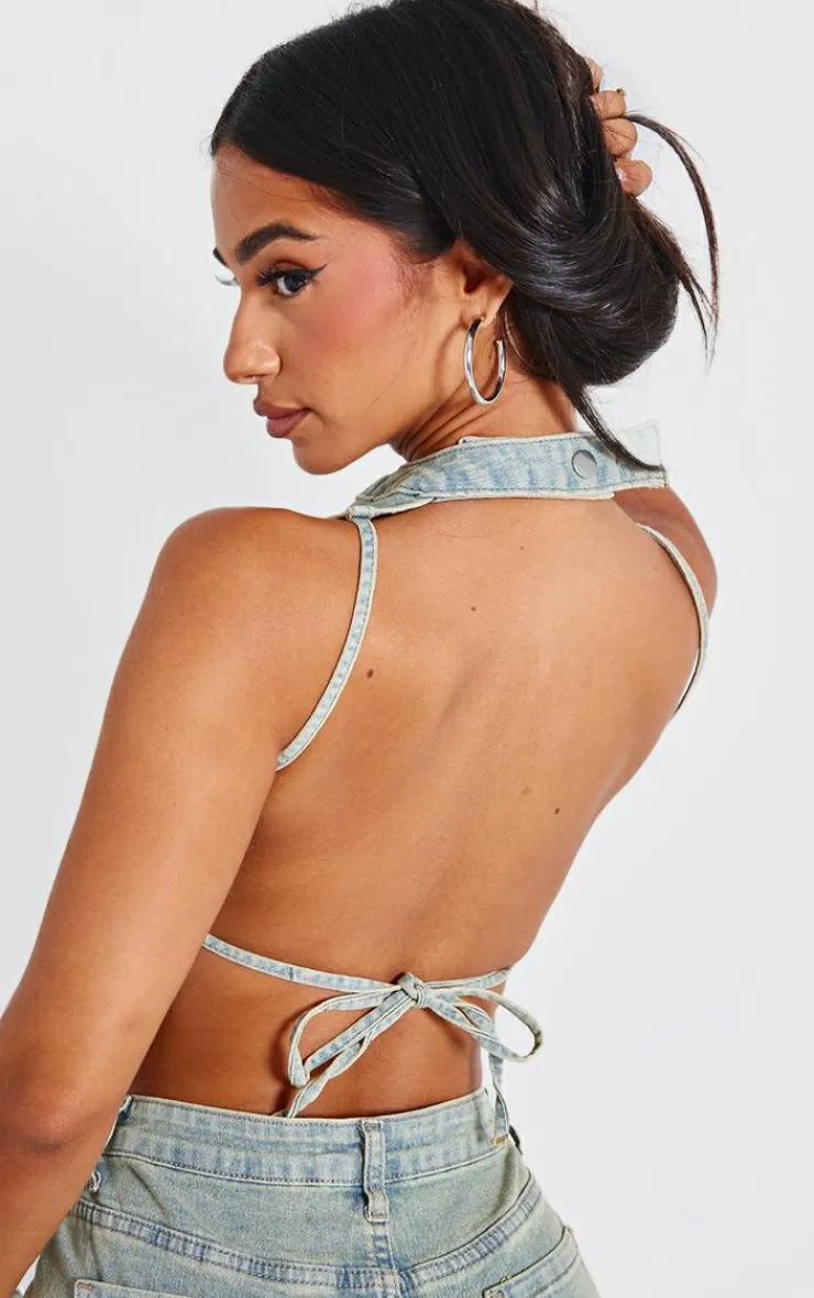 Clearance PrettyLittleThing Petite Denim Backless Top Vintage Wash