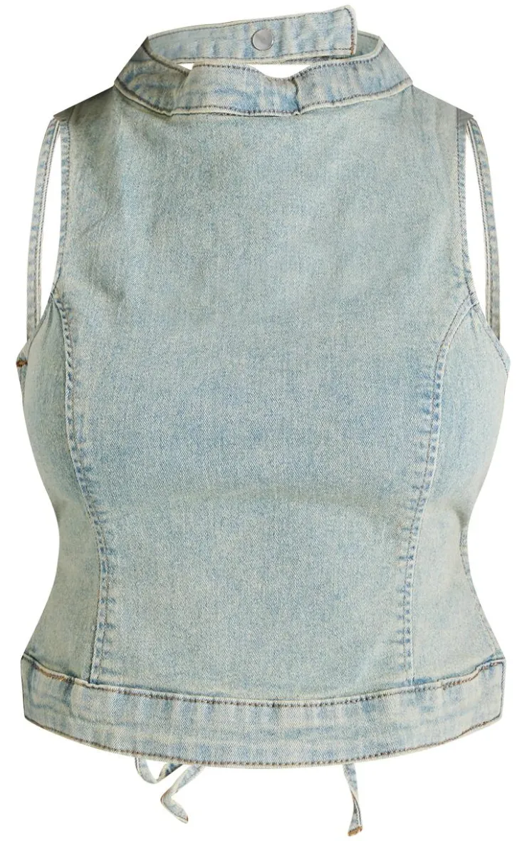 Clearance PrettyLittleThing Petite Denim Backless Top Vintage Wash