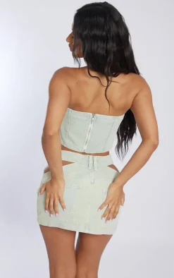 PrettyLittleThing Petite Distressed Cup Denim Corset Top Vintage Wash