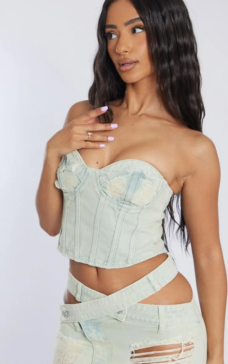 PrettyLittleThing Petite Distressed Cup Denim Corset Top Vintage Wash