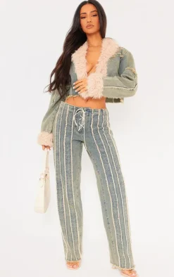New PrettyLittleThing Petite Fray Detail Lace Up Straight Leg Jeans Vintage Wash