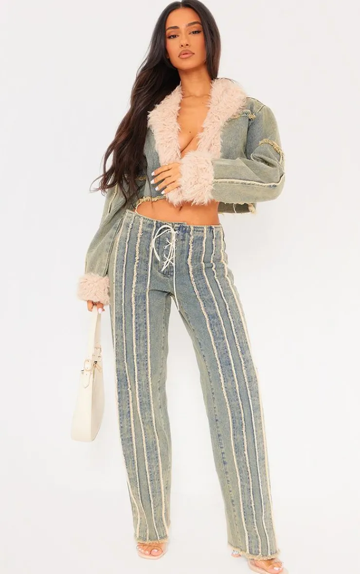 New PrettyLittleThing Petite Fray Detail Lace Up Straight Leg Jeans Vintage Wash
