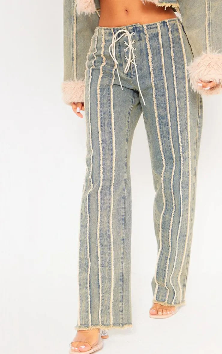 New PrettyLittleThing Petite Fray Detail Lace Up Straight Leg Jeans Vintage Wash