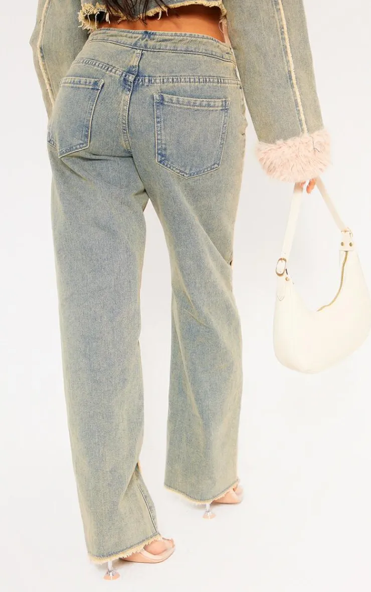 New PrettyLittleThing Petite Fray Detail Lace Up Straight Leg Jeans Vintage Wash