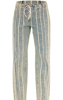 New PrettyLittleThing Petite Fray Detail Lace Up Straight Leg Jeans Vintage Wash
