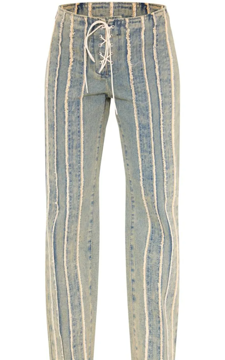 New PrettyLittleThing Petite Fray Detail Lace Up Straight Leg Jeans Vintage Wash