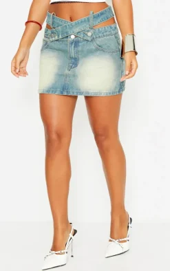 Petite Vintage Wash Low Rise Belt Detail Denim Mini Skirt