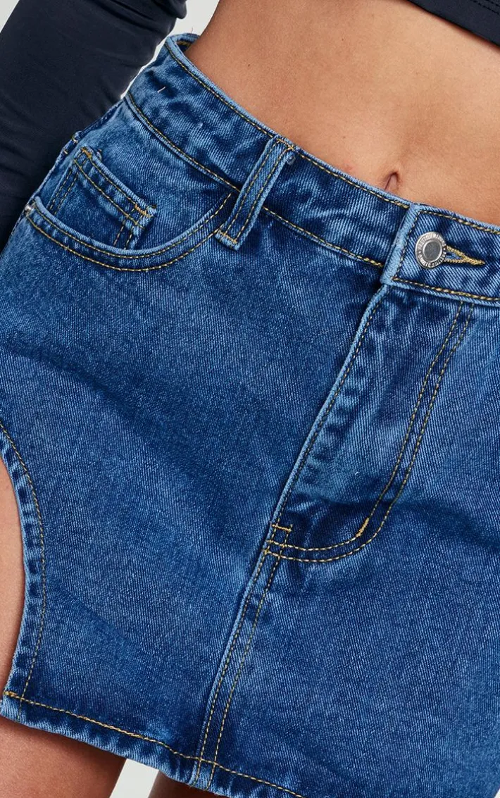 Petite Vintage Wash Micro Mini Cut Out Denim Skirt