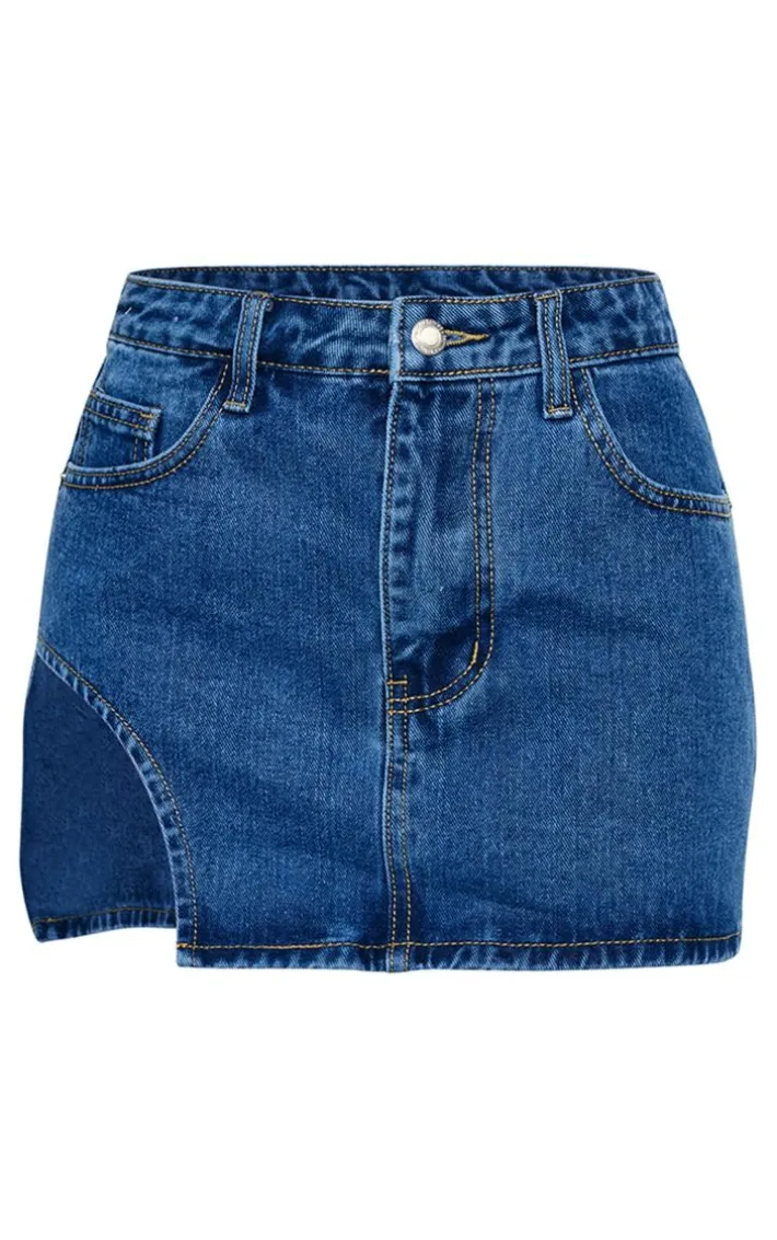 Petite Vintage Wash Micro Mini Cut Out Denim Skirt