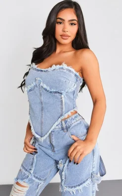 Best PrettyLittleThing Petite Raw Hem Detail Denim Corset Top Vintage Wash
