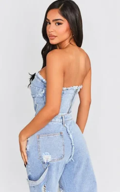 Best PrettyLittleThing Petite Raw Hem Detail Denim Corset Top Vintage Wash