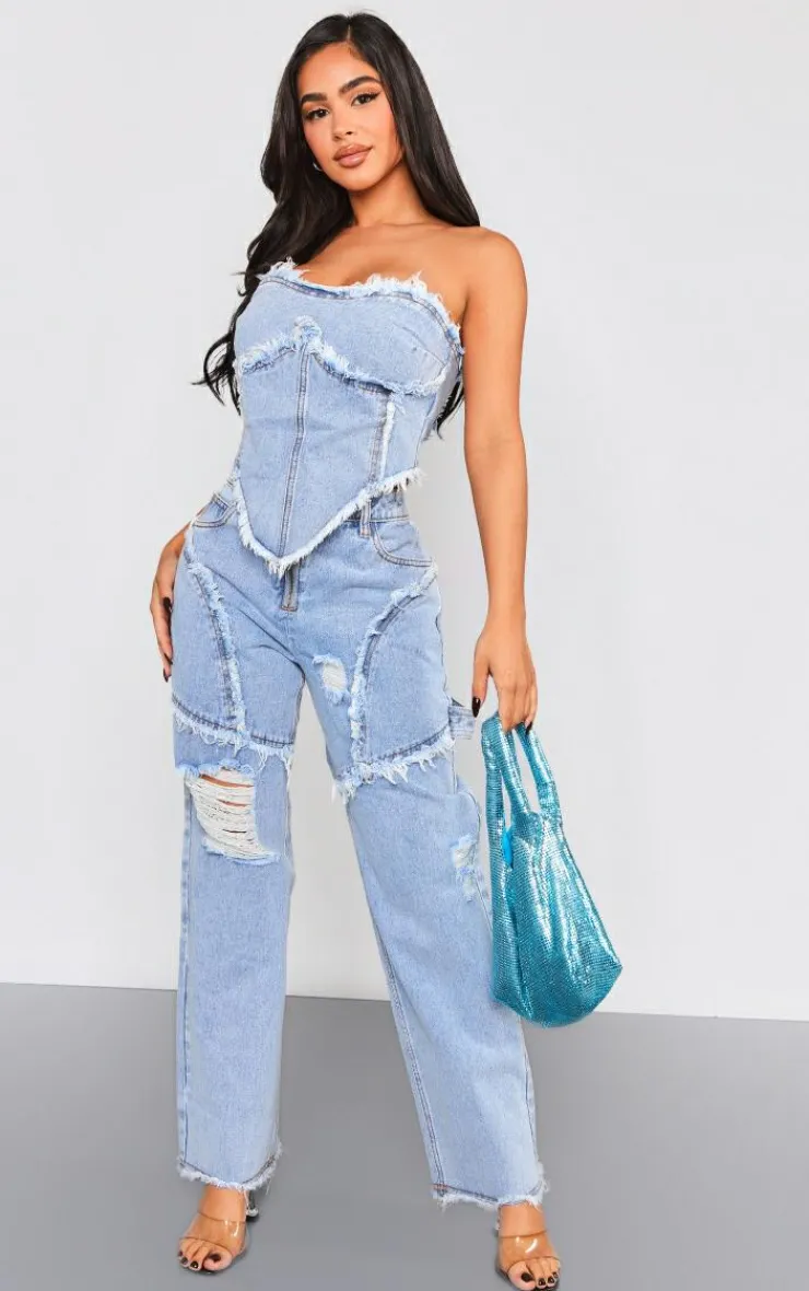 Best PrettyLittleThing Petite Raw Hem Detail Denim Corset Top Vintage Wash