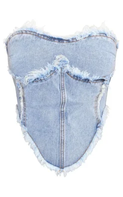 Best PrettyLittleThing Petite Raw Hem Detail Denim Corset Top Vintage Wash