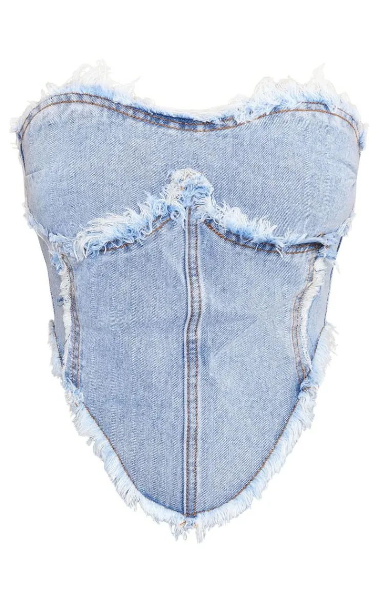 Best PrettyLittleThing Petite Raw Hem Detail Denim Corset Top Vintage Wash