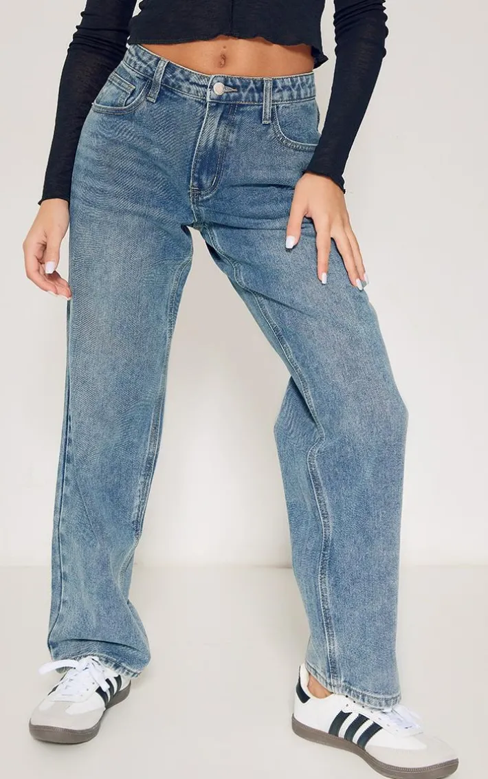 Petite Vintage Wash Rigid Low Rise Straight Leg Jeans