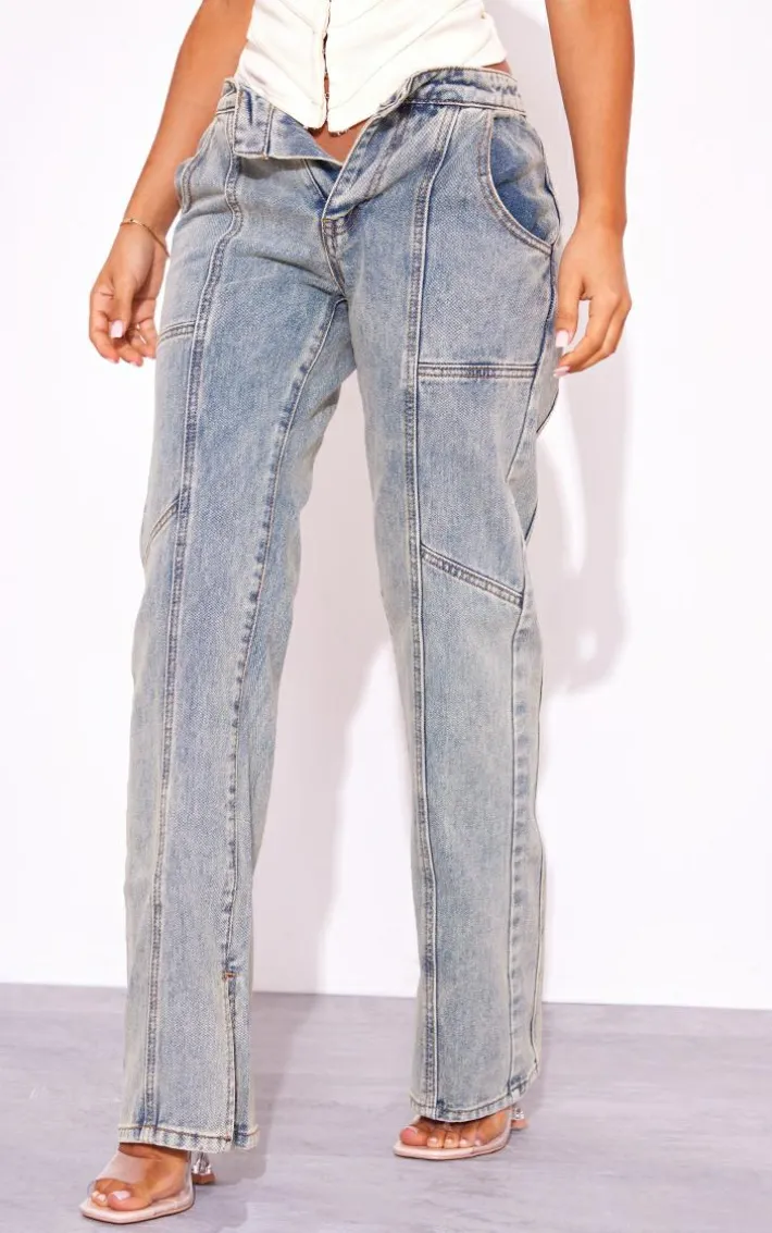 Petite Vintage Wash Seam Back Foldover Waistband Straight Leg Jeans