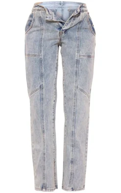 Petite Vintage Wash Seam Back Foldover Waistband Straight Leg Jeans