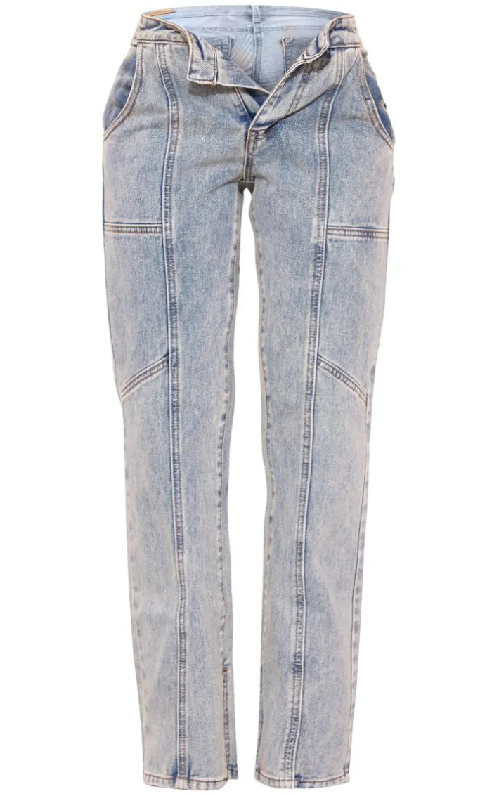 Petite Vintage Wash Seam Back Foldover Waistband Straight Leg Jeans