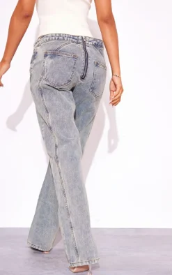 Petite Vintage Wash Seam Detail Foldover Waistband Straight Leg Jeans