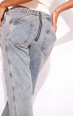 Petite Vintage Wash Seam Detail Foldover Waistband Straight Leg Jeans