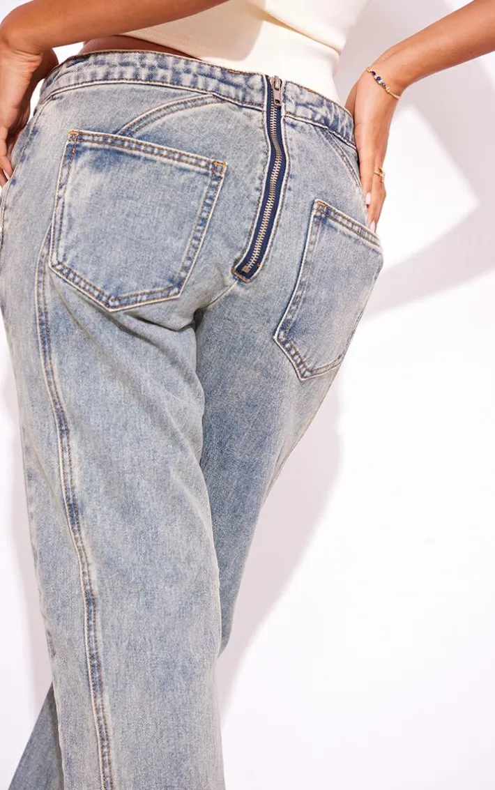 Petite Vintage Wash Seam Detail Foldover Waistband Straight Leg Jeans