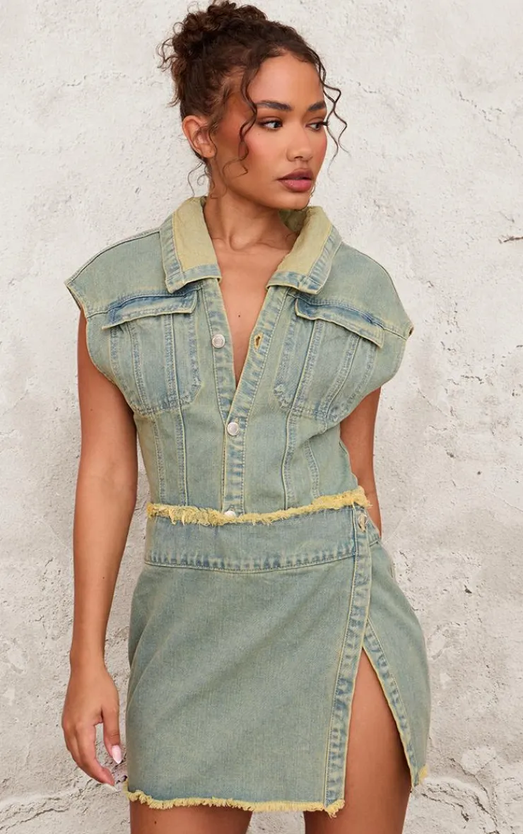 Petite Sleeveless Wrap Over Denim Mini Dress-PrettyLittleThing Online
