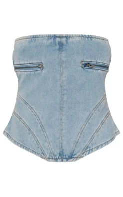 Petite Zip Detail Denim Curved Hem Corset-PrettyLittleThing Online