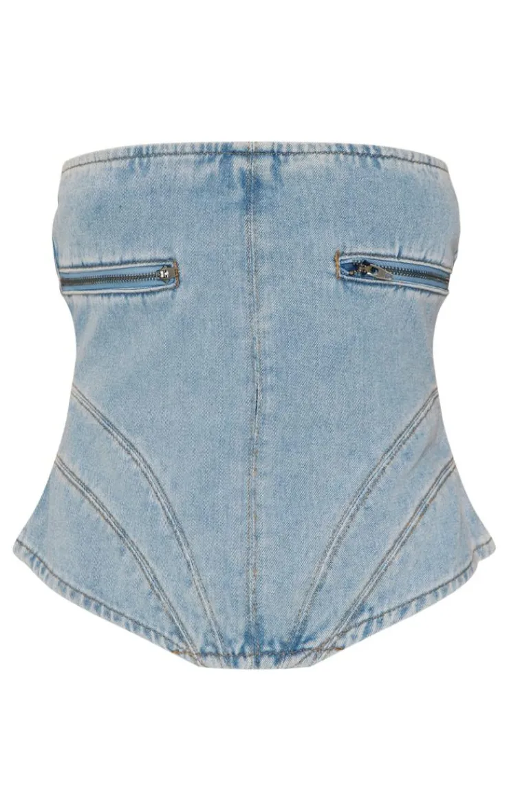 Petite Zip Detail Denim Curved Hem Corset-PrettyLittleThing Online