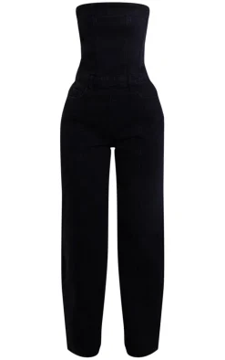 Petite Washed Black Bandeau Denim Jumpsuit