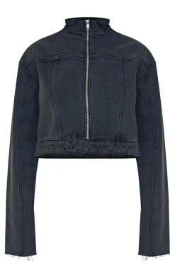 Online PrettyLittleThing Petite Cropped Denim Jacket Washed Black