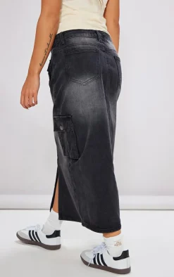 Petite Washed Black Denim Cargo Midaxi Skirt