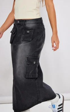 Petite Washed Black Denim Cargo Midaxi Skirt