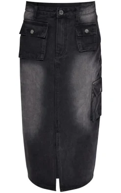 Petite Washed Black Denim Cargo Midaxi Skirt