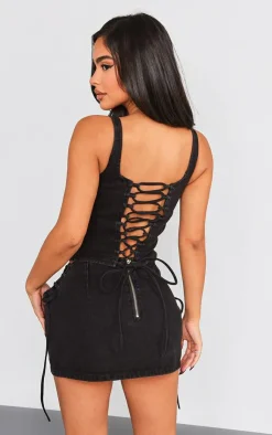 Sale PrettyLittleThing Petite Denim Lace Up Corset Top Washed Black