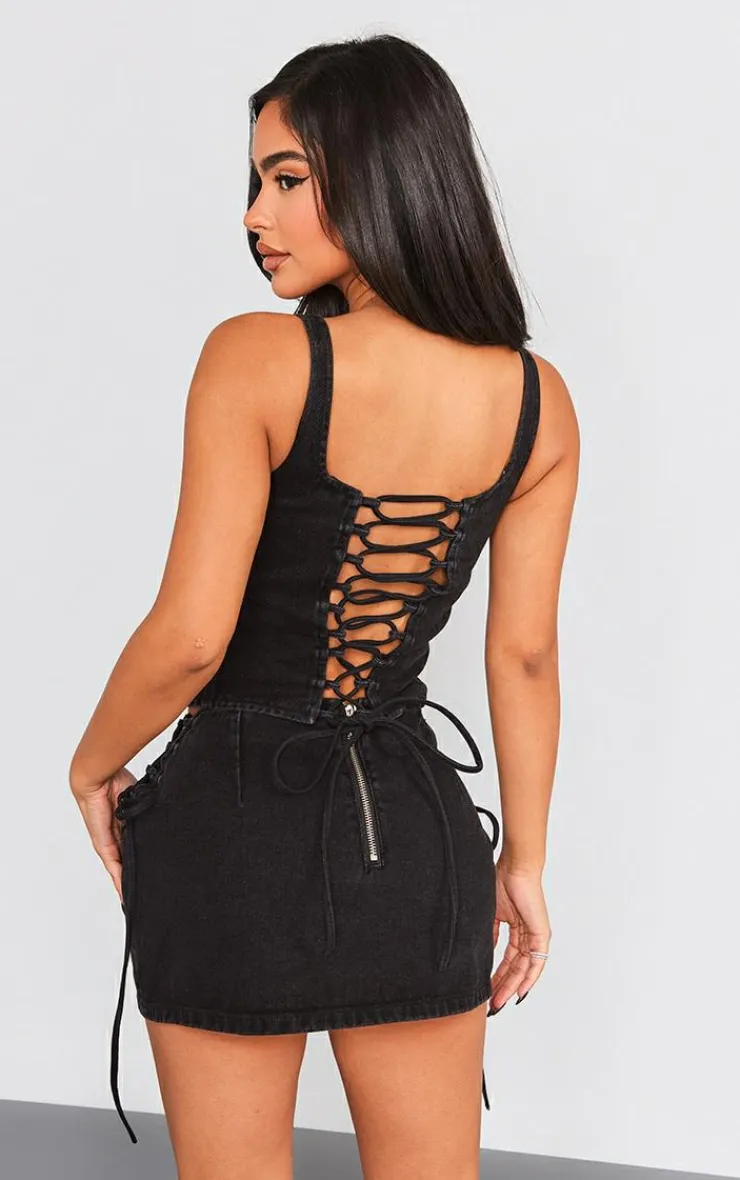 Sale PrettyLittleThing Petite Denim Lace Up Corset Top Washed Black